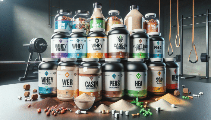 Diverse array of protein powders displayed on a table: whey, casein, plant-based options, gym gear, vegan symbols.
