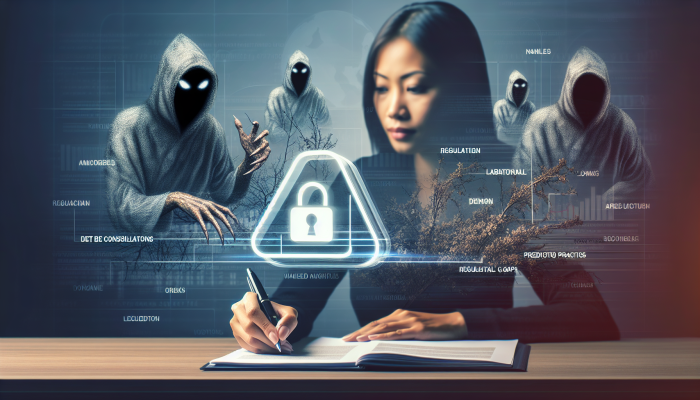 Debt Consolidation Loans from Fintech Companies: A Guide | DCL Person signing fintech loan, shadowy figures symbolise regulatory gaps and predatory risks.