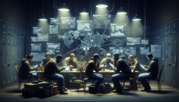 Preppers using encrypted apps on smartphones in a dimly lit room with maps and radios.