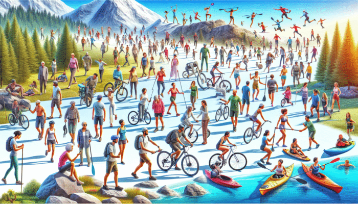 A vibrant collage of hiking, cycling, kayaking, and rock climbing in picturesque landscapes under a clear blue sky.