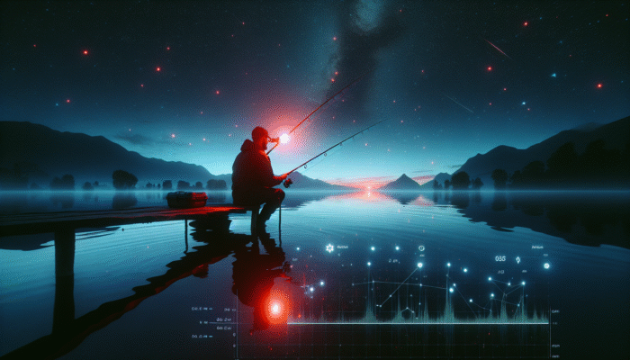 An individual using a water-resistant headlamp with red light mode to fish at night on a serene, starry lake.