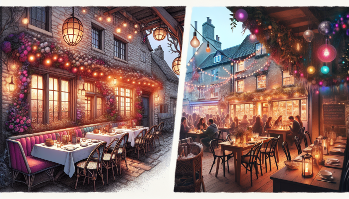 How to Celebrate Debt Consolidation Milestones: A Guide | DCL A cosy bistro in the Cotswolds and a lively Soho eatery, both bustling with celebrating patrons.