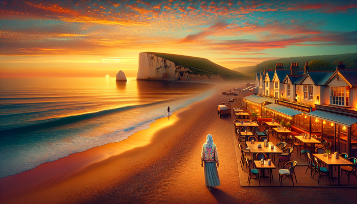 How to Celebrate Debt Consolidation Milestones: A Guide | DCL A serene UK coastal sunset scene with a person walking, cafés, and distant cliffs, celebrating relaxation.