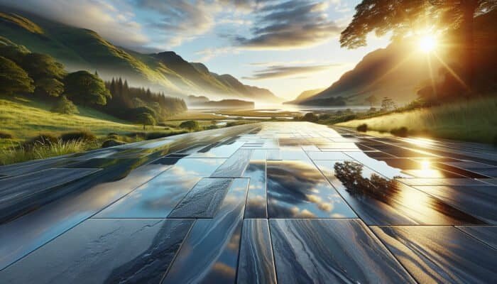 A picturesque Inverclyde scene featuring a luxurious, waterproofed stone floor reflecting vibrant surroundings, demonstrating durability and protection.