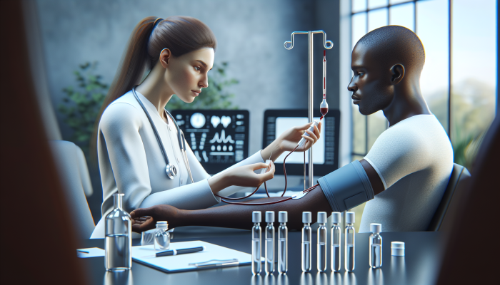Technician preparing a patient for a kidney blood test in a modern lab equipped with advanced technology.