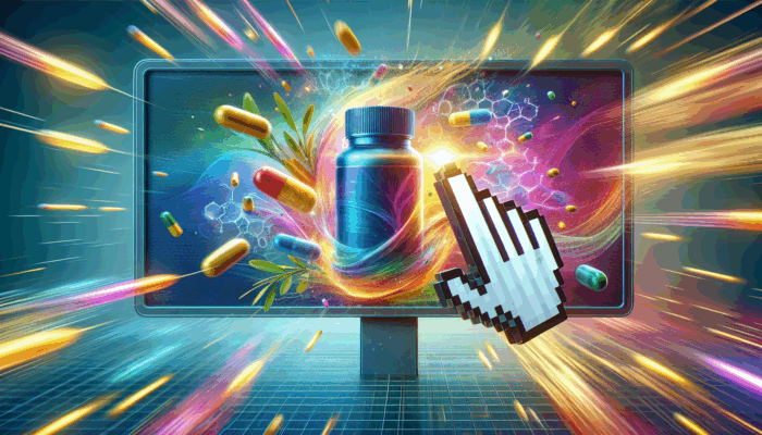 Decoding PPC in Supplement Marketing: A digital billboard showcasing supplement ads, highlighting a cursor clicking on a health product, with search engine results in the background.