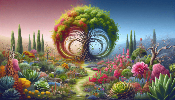 A vibrant garden featuring resilient plants such as succulents and perennials thriving after a disaster.