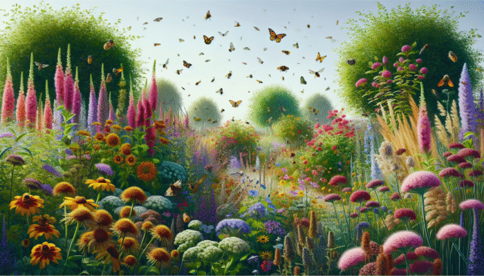 A vibrant garden featuring native wildflowers and shrubs, attracting pollinators and providing shelter for wildlife.
