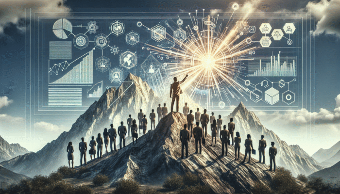 Use Thought Leadership for E-E-A-T Signals: A visionary leader on a mountain guides a crowd with a glowing map, symbolising thought leadership.