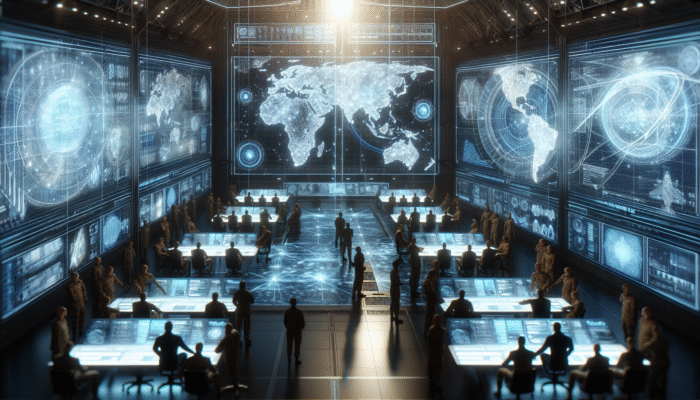 A strategic military command centre with officers planning a robust defence using advanced technology.