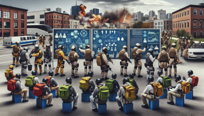 Community defence training: diverse group in protective gear practising emergency drills in an urban setting with instructors.