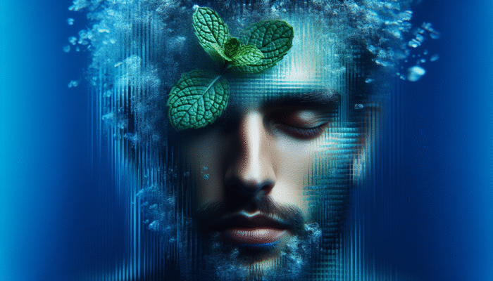Mint for Headache Relief: A serene person with a mint leaf on forehead, surrounded by blue and green hues, symbolising headache relief.
