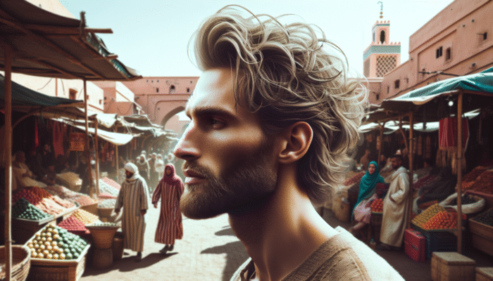Man with textured hair styled with matte pomade in the bustling markets of Marrakech, showcasing a natural appearance in windy conditions.