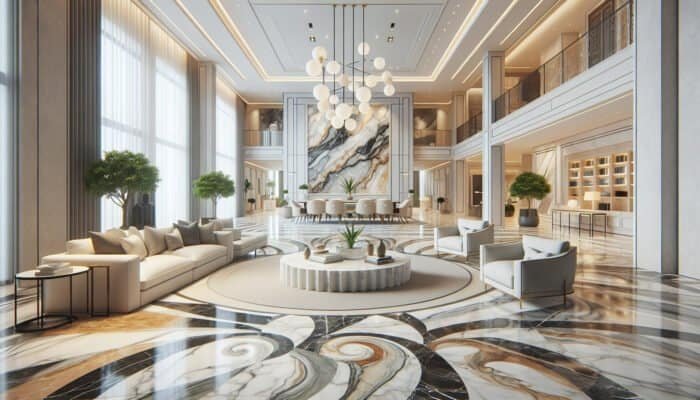 A luxurious Midlothian home interior featuring Carrara, Calacatta, and Statuario marble showcasing their unique patterns and colours.
