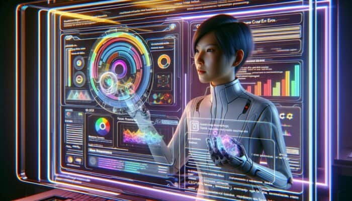 A webmaster observing Google Search Console data on a futuristic holographic display.