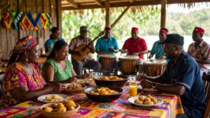 A group of people sit at a table with various Garifuna food and drinks, while musicians in colorful clothing play drums and guitars. The scene captures the lively spirit of Garifuna culture in an outdoor setting with vibrant tablecloths.