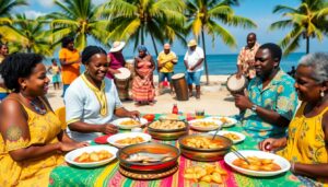 A group of people sit around a table with fried food and fish dishes on the beach, celebrating Garifuna Culture. Palm trees and musicians with drums are in the background as everyone enjoys a meal together in sunny Belize.