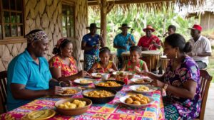 A family sits around a colorful table outdoors in Belize, enjoying Garifuna food together. In the background, musicians play drums and other instruments under a thatched roof, reflecting the vibrant Garifuna culture. Everyone appears relaxed and happy.