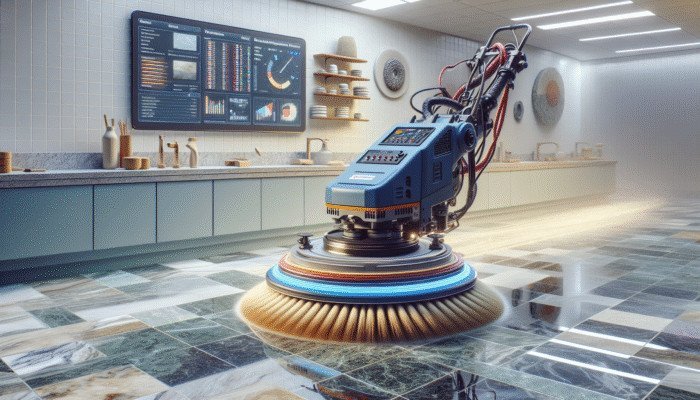 High-speed polisher revitalising a dull marble floor, with granite countertops in the background.