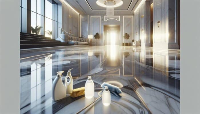 Luxurious marble floor in a Cottenham Park home, gleaming, with cleaning tools, emphasising the significance of maintenance.
