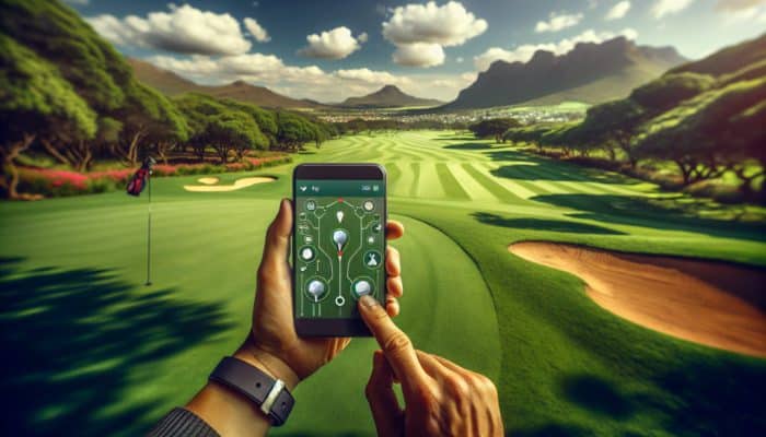 A golfer using the Golfshot app on a smartphone to measure distance on a South African golf course.