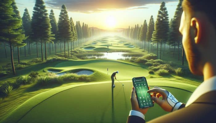 A golfer using a smartphone app on a tranquil sunset golf course to analyse swing data.