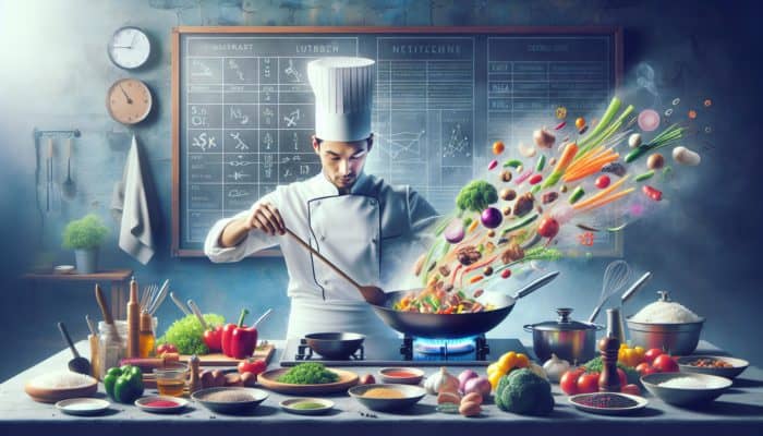 Chef expertly stir-frying a colourful array of vegetables and meat in a wok, with steam rising in a lively kitchen environment.