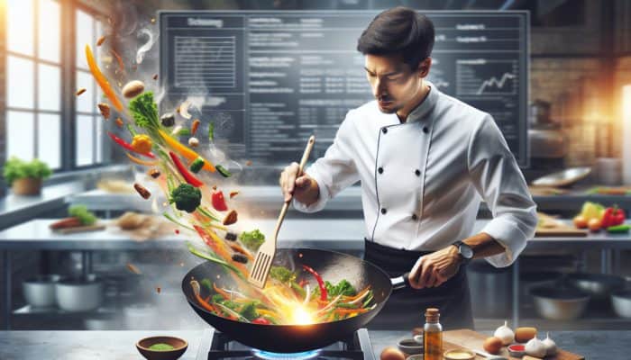 A chef expertly stir-frying vegetables in a wok with a spatula, ensuring even cooking and caramelisation.