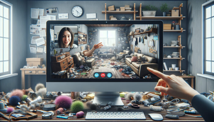 A digital platform showcasing a virtual home tour with a homeowner on a video call, directing through a cluttered room.