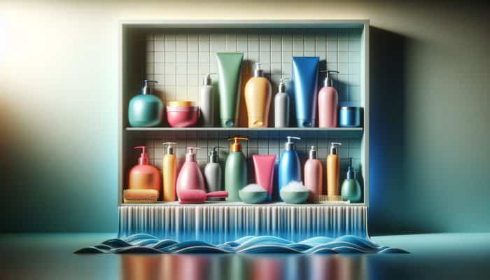 An assortment of moisture-rich hair products displayed on a modern bathroom shelf, enhancing hair health.