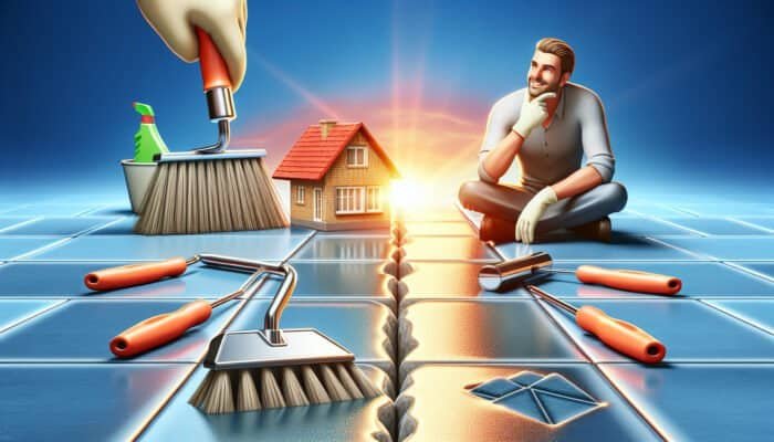 Homeowner inspecting clean grout between vibrant tiles, showcasing long-term savings and structural integrity.