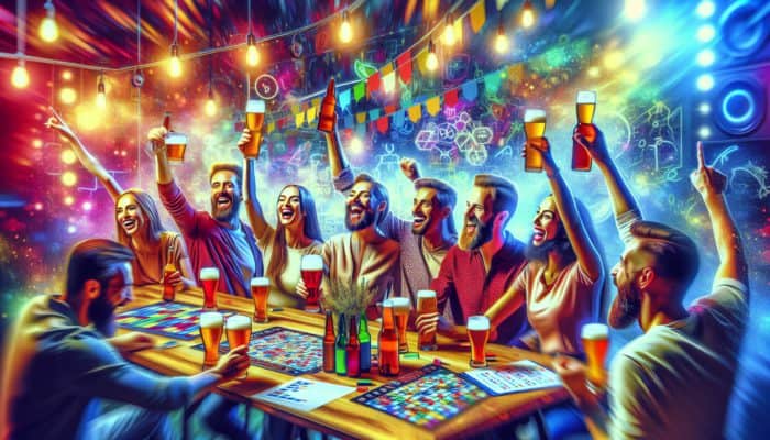 Lively Las Vegas bar, Beer Zombies, with trivia enthusiasts enjoying craft beers and vibrant decor.