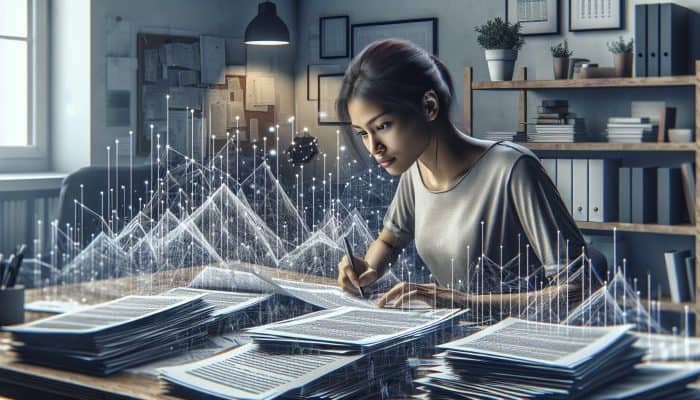 A person analysing a financial chart and debt documents in a home office.