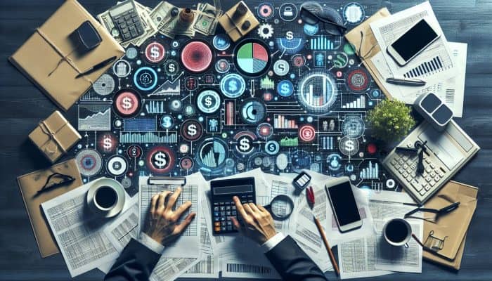 A detailed budget chart with financial documents, calculators, and graphs showing debt consolidation impact on a desk.