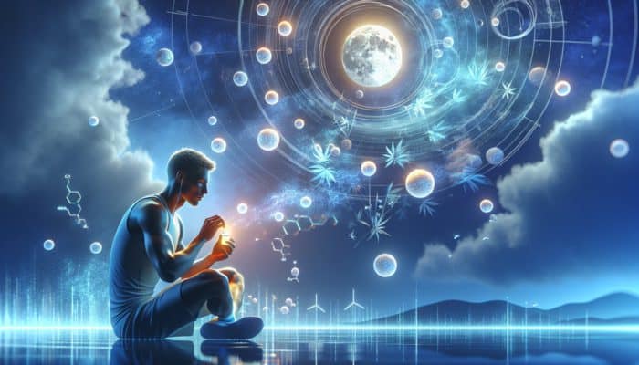 An athlete using CBD oil in a serene, moonlit setting, surrounded by symbols of reduced anxiety and improved sleep.