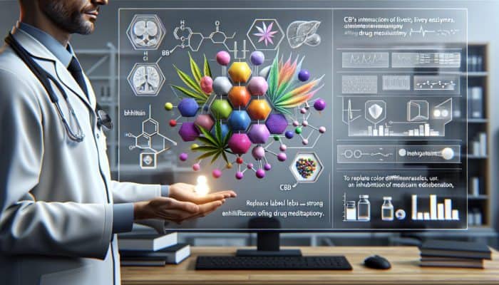 Diagram of CBD's effect on liver enzymes and drug metabolism, showing enhancement and inhibition of medication efficacy.