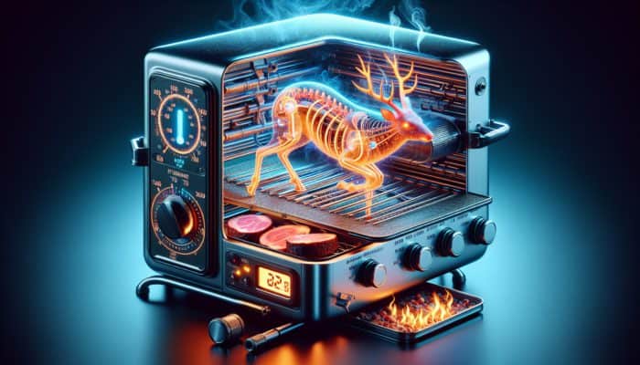 Diagram of a smoker with adjustable vents and digital thermometer for venison smoking temperature control.