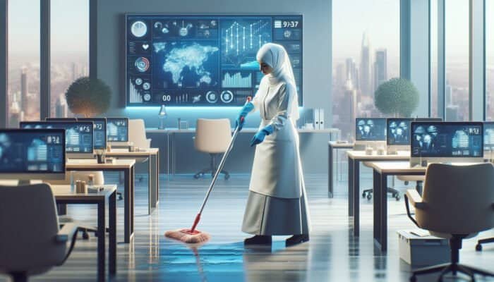 A professional cleaner sanitizing a modern office, emphasizing hygiene and cleanliness.