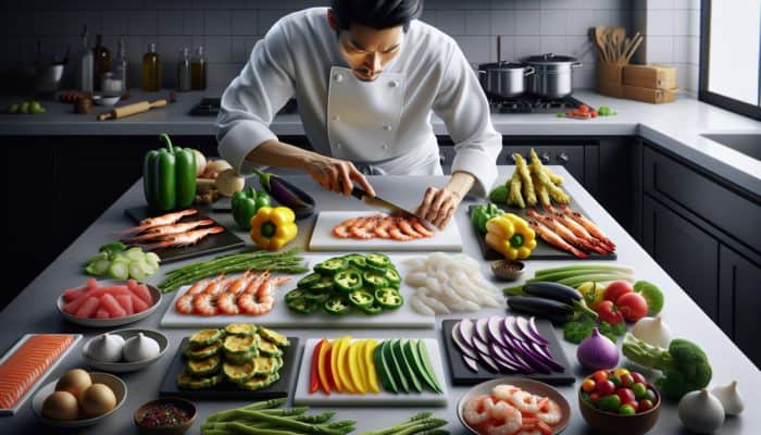 A chef prepping seafood and vegetables for tempura, showcasing clean cuts and vibrant colors on a counter.