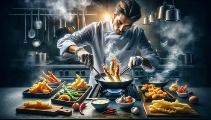 A chef frying cold seafood and vegetables, highlighting the steam and crispy tempura batter.