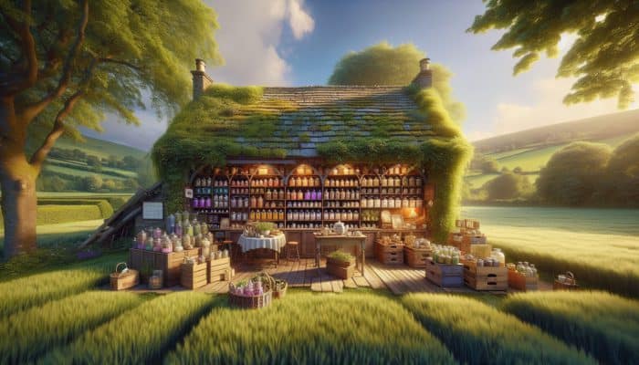 A British countryside tea shop with herbal teas in glass jars on wooden shelves.