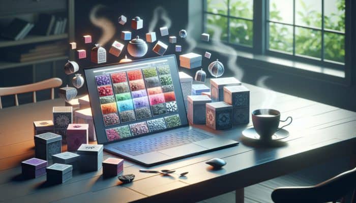 A laptop displaying an online herbal tea shop, surrounded by colorful tea boxes and a steaming cup of tea.