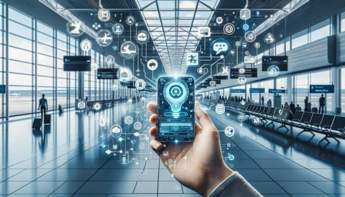AI Chatbots Revolutionizing Customer Service: A futuristic AI chatbot on smartphone providing instant travel updates and options to a traveler at the airport.
