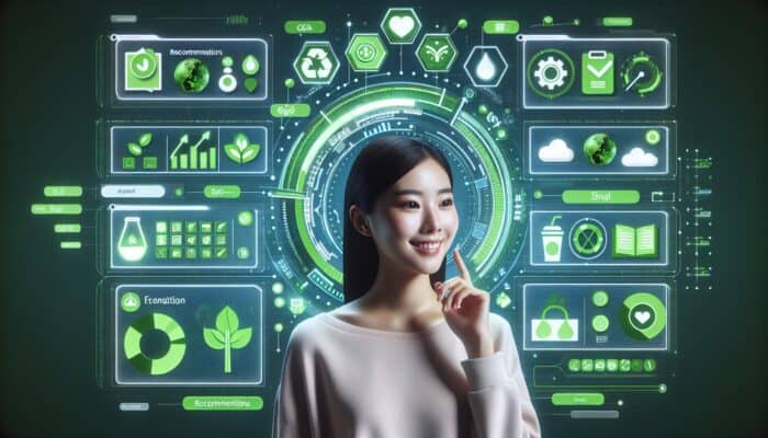 Futuristic AI chatbot interface with personalized eco-friendly product recommendations, user smiling, green icons, data analytics.