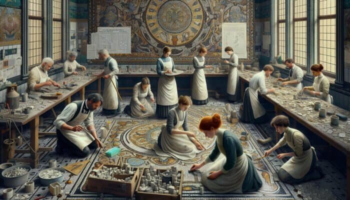 Artisans restoring Victorian mosaic, cleaning, stabilizing, and repairing intricate tile patterns for preservation.