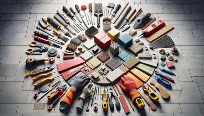 Comparison chart of porcelain tile repair quotes with labor, materials, and warranties, on a partially repaired tiled floor.