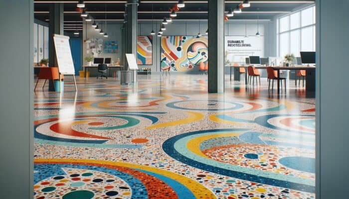 A vibrant, polished terrazzo floor in an office, showcasing colorful, recycled materials and an elegant pattern.