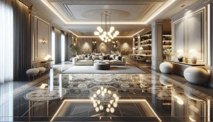 Revitalised porcelain tiles in a luxurious home interior, gleaming and enhancing the elegant ambiance.