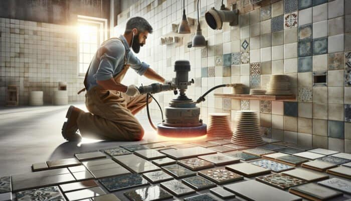 Professional polishing ceramic tiles in a well-lit room, enhancing aesthetic appeal with high-end equipment.