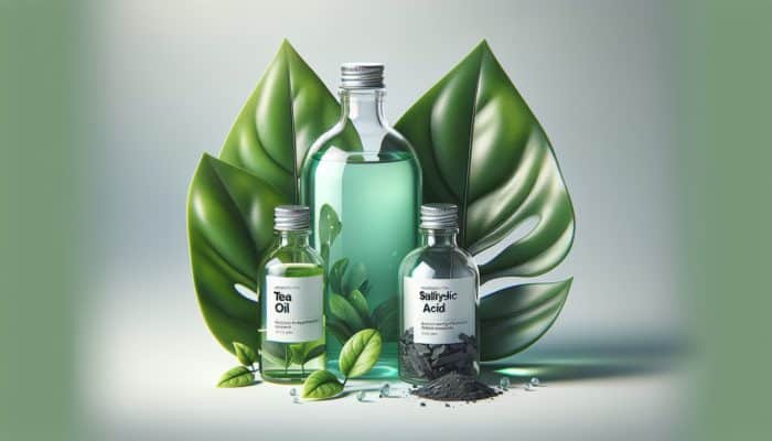 Shampoo bottle with tea tree oil, salicylic acid, and charcoal on a green leaf, for oily hair.